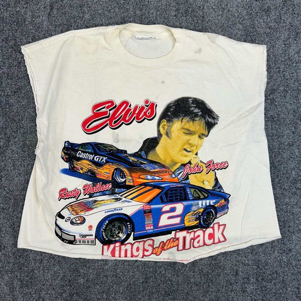 Vintage 1998 Elvis Presley Kings of the Track NASCAR Muscle Tee Rusty Wallace L